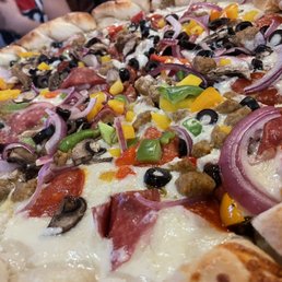 a close up view of a pizza