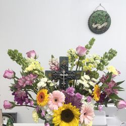 JanaYia's Floral - Sunflowers, Purple spider mums, bells of Ireland, pom pom, Alstroemeria, stocks, spray roses