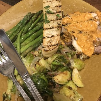 Urban Plates - Kimchee chicken with Brussels sprouts and asparagus - New American Near Me - Brea, California