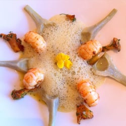 Restaurant Le Relais de la Poste - Queues de langoustines, poêlée de girolles, artichauts poivrade et jus de presse safrané : un de mes plats fétiches !