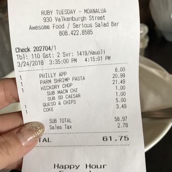 Ruby Tuesday Moanalua - The check, not too bad - American Near Me - Honolulu, Hawaii Ruby Tuesday Moanalua - The check, not too bad - American Near Me - Honolulu, Hawaii
