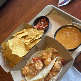 Shrimp Tacos, Chips and Salsa, Queso Shrimp Tacos, Chips and Salsa, Queso