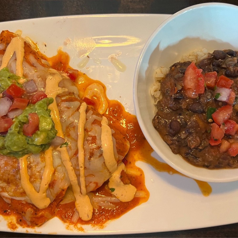 Vegetable Enchiladas with Drunken Black Beans & Brown Rice