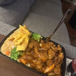 Food Lee - Orange chicken fried rice and 3. Crab Rangoon