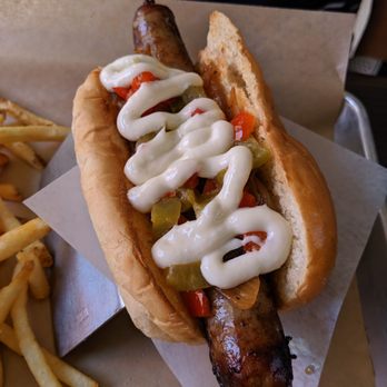 Bangers & Brews - Westside - IPA Sausage with carmelized onions, sweet peppers, and garlic aoli - German Near Me - Bend, Oregon Bangers & Brews - Westside - IPA Sausage with carmelized onions, sweet peppers, and garlic aoli - German Near Me - Bend, Oregon