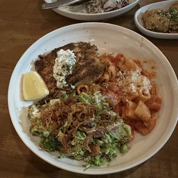 Heirloom - Salmon Tzakiti Plate with Penne pasta and broccoli salad - New American Near Me - Fresno, California Heirloom - Salmon Tzakiti Plate with Penne pasta and broccoli salad - New American Near Me - Fresno, California