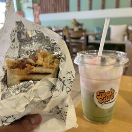 Beef shawarma, Raspberry Crème Matcha