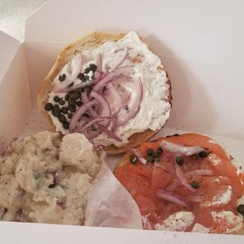 Bruchelle's Bagel Bistro - Bagel lox sandwich with capers and red tator sald - Bagels Near Me - Covington, Washington