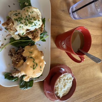 Ruby Slipper Midcity - Eggs Cochon, eggs fried chicken, with. Side of grits and coffee - Breakfast & Brunch Near Me - New Orleans, Louisiana