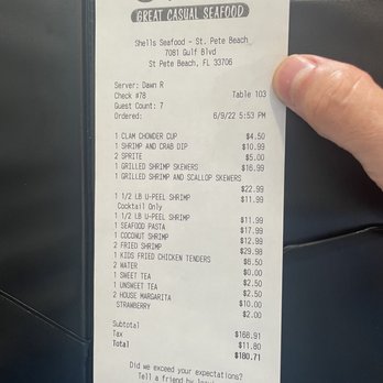 Shells Seafood - Receipt for 7 (1 kid) - Seafood Near Me - St. Pete Beach, Florida Shells Seafood - Receipt for 7 (1 kid) - Seafood Near Me - St. Pete Beach, Florida