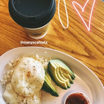Mary's Cafe - Eggs, avocado, queso fresca with hot sauce! Latte with almond milk.   Breakfast of champions! And... keto life haha - Coffee & Tea Near Me - Austin, Texas