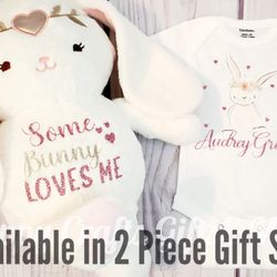 Happy Crafts Gifts & More - Personalized Plush Princess Birth Stat Bunny & Custom Infant Onesie Gift Set - Baby Girl Shower