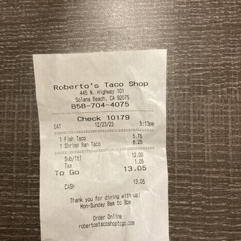 Roberto's Taco Shop - Receipt for two tacos... - Mexican Near Me - Solana Beach, California Roberto's Taco Shop - Receipt for two tacos... - Mexican Near Me - Solana Beach, California