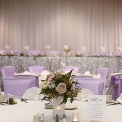 It's So Pretty Linens and Decor - Hale Koa silver and lavender wedding. Silver sequin head table, white chair cover & lavender sashes