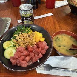 Poki bowl and miso soup. Poki bowl and miso soup.