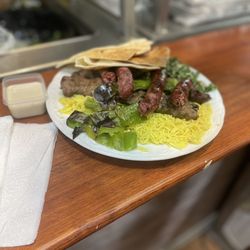 M&K Mediterranean Groceries & Grill - Mixed grill $15.99--we had to take a Togo box. Made fresh there. Falafel pita wrap $4.99 & chef gave us a sample of Kufta w/eggplant.