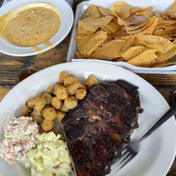 Hochatown Saloon - Appetizer: Queso Fundido Entree: Half Rack Sides: Potato Salad / Coleslaw / Okra
