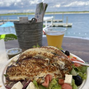 The Buoy Bar - Greek salad with grilled bass - Seafood Near Me - Point Lookout, New York The Buoy Bar - Greek salad with grilled bass - Seafood Near Me - Point Lookout, New York