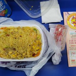 Singapore Mei Fun, Shrimp Roll, Energy Drink (Not from the restaurant though)