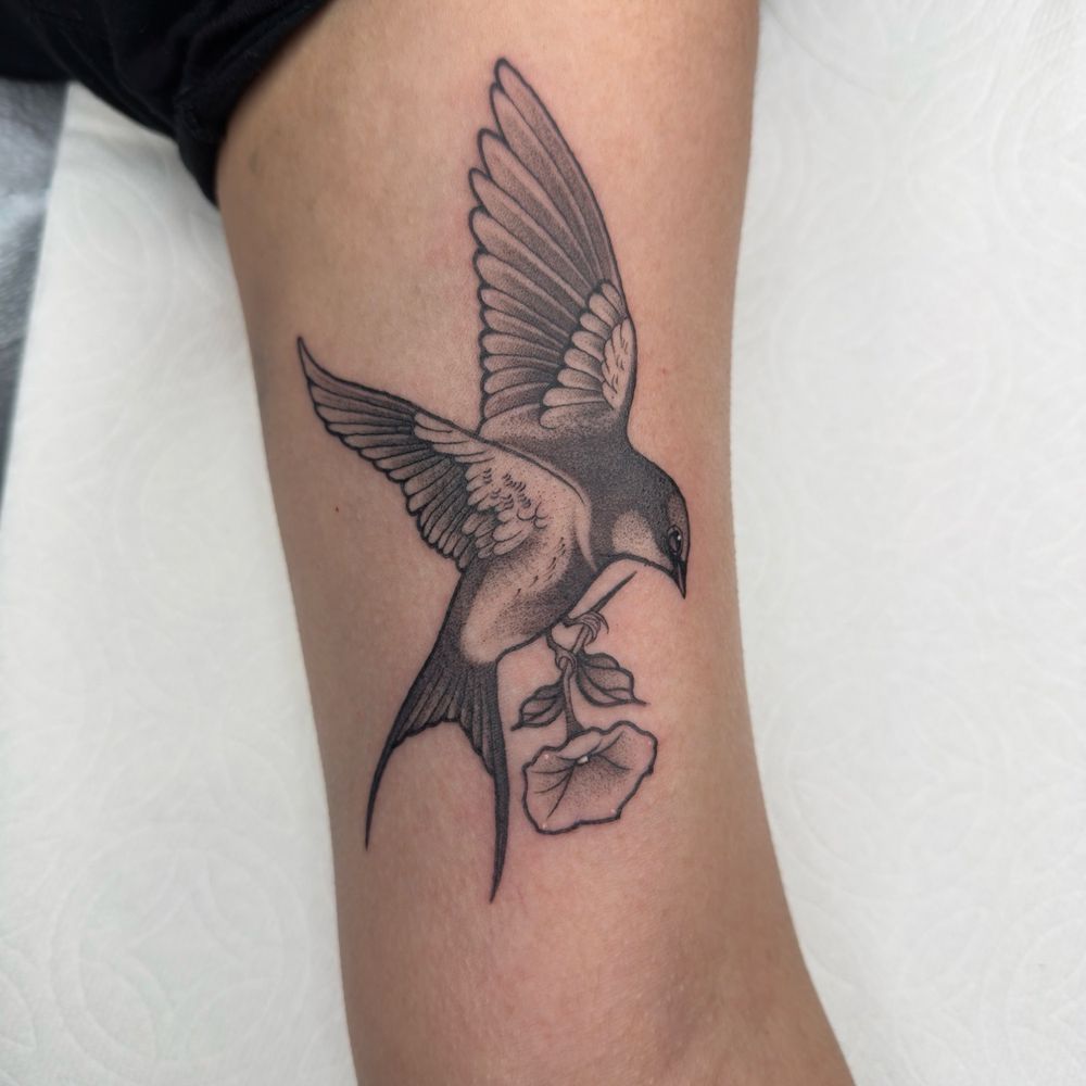 New Generation Tattoo - Swallow bird with a morning glory - Tattoo Near Me - San Jose, California