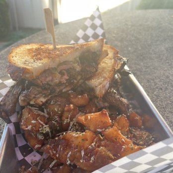 Twirling Bird - Grilled cheese ribeye sandwich with smashed potatoes - Food Trucks Near Me - Silverton, Oregon Twirling Bird - Grilled cheese ribeye sandwich with smashed potatoes - Food Trucks Near Me - Silverton, Oregon