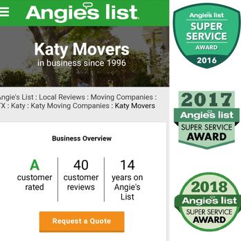 Katy Movers - Check us out on Angie's List! We've won multiple Super Service Awards and there are links to deals and coupons. - Movers Near Me - Katy, Texas Katy Movers - Check us out on Angie's List! We've won multiple Super Service Awards and there are links to deals and coupons. - Movers Near Me - Katy, Texas