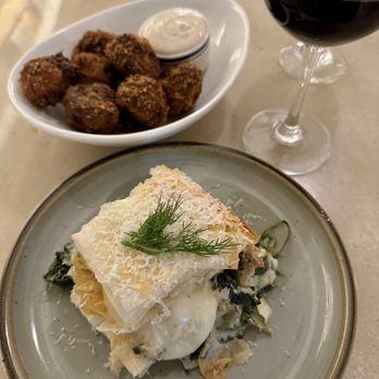 Philosophia - Spinach pie (spanakopita) and zucchini fritters (kolokithokeptedes) - Greek Near Me - Mount Pleasant, South Carolina Philosophia - Spinach pie (spanakopita) and zucchini fritters (kolokithokeptedes) - Greek Near Me - Mount Pleasant, South Carolina