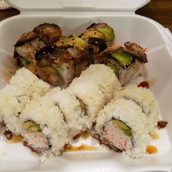 Aloha Sushi - Top: Dragon Roll, $7.99 prior to tax, happy hour price. Bottom: Cali Crunch Roll, $3.99 prior to tax, happy hour price - Japanese Near Me - Azusa, California Aloha Sushi - Top: Dragon Roll, $7.99 prior to tax, happy hour price. Bottom: Cali Crunch Roll, $3.99 prior to tax, happy hour price - Japanese Near Me - Azusa, California