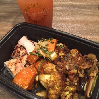Flower Child - Strawberry mint lemonade, grilled chicken, red chili sweet potatoes, Indian spiced cauliflower and the spicy Japanese eggplant - Vegetarian Near Me - Dallas, Texas