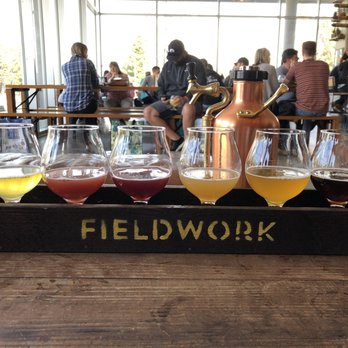 Fieldwork Brewing - Flight of beers and my growler filled with my favorite beer of the day. - Breweries Near Me - San Ramon, California Fieldwork Brewing - Flight of beers and my growler filled with my favorite beer of the day. - Breweries Near Me - San Ramon, California