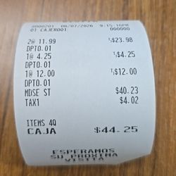 Receipt of the transaction stating I was charged $44.25.