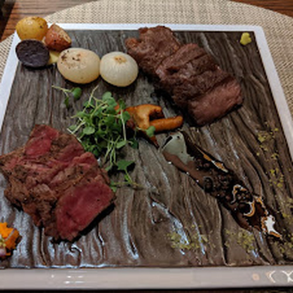 Takumi-Tei - Wagyu Tabekurabe (Japanese A5 Wagyu Strip Steak paired with Jackman Farms Wagyu Strip Steak, Roast Cipollini Onion, Curried Potato...) - Japanese Near Me - Lake Buena Vista, Florida Takumi-Tei - Wagyu Tabekurabe (Japanese A5 Wagyu Strip Steak paired with Jackman Farms Wagyu Strip Steak, Roast Cipollini Onion, Curried Potato...) - Japanese Near Me - Lake Buena Vista, Florida