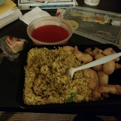 Sweet and sour chicken with pork fried rice (egg roll already in my belly!)