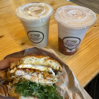 Egghead Sando Cafe - The Chic Sandwich, Strawberry swirl with boba, Hojicha Latte - Breakfast & Brunch Near Me - San Jose, California