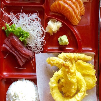 Joy Sushi - 3 Item Lunch Bento - Tuna Sashimi, Salmon Sashimi & Mixed Tempura comes w/ soup, small salad & rice. - Sushi Bars Near Me - Mountain View, California Joy Sushi - 3 Item Lunch Bento - Tuna Sashimi, Salmon Sashimi & Mixed Tempura comes w/ soup, small salad & rice. - Sushi Bars Near Me - Mountain View, California