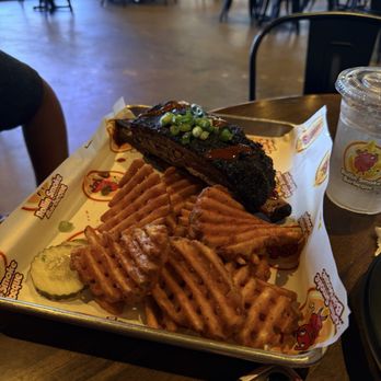 Rollin Smoke BBQ - A Dino Rib, waffle cut fried and pickles. - Barbeque Near Me - Avondale, Arizona Rollin Smoke BBQ - A Dino Rib, waffle cut fried and pickles. - Barbeque Near Me - Avondale, Arizona