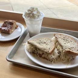 Vegan reuben, blondie, lavender Italian soda Vegan reuben, blondie, lavender Italian soda