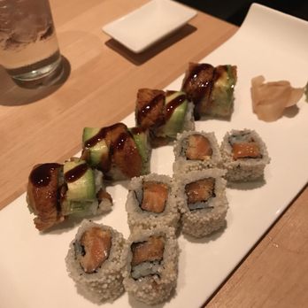 Zama - Dragon roll on the left and super crunchy salmon on the right - Sushi Bars Near Me - Philadelphia, Pennsylvania Zama - Dragon roll on the left and super crunchy salmon on the right - Sushi Bars Near Me - Philadelphia, Pennsylvania