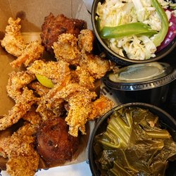 Moe's Original BBQ - Fried shrimp platter with slaw and collards