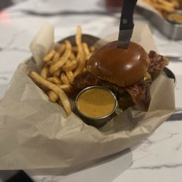 Single burger with bacon & cheddar & LTO with a side of fries and beer cheese