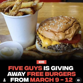Five Guys - BOGO Burgers (does NOT include fries). Use code FGafterparty for BOGO Burgers via online or app. (3/9-3/12/2026) - Burgers Near Me - Garden City Park, New York Five Guys - BOGO Burgers (does NOT include fries). Use code FGafterparty for BOGO Burgers via online or app. (3/9-3/12/2026) - Burgers Near Me - Garden City Park, New York