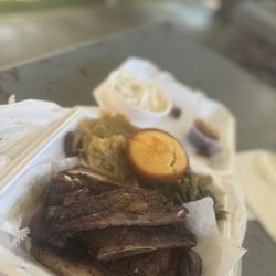 Smash Mouth BBQ - Smoked ribs, cabbage, collard greens, cornbread and banana pudding.