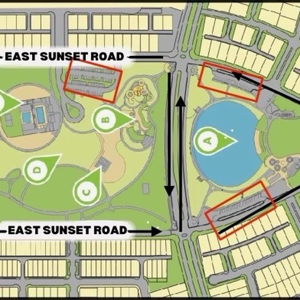 Cadence Central Park - Parking marked in the red rectangles. Driving directions around the park. - Cadence Central Park Map - Parks Near Me - Henderson, Nevada