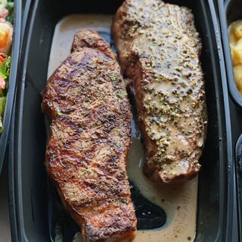 Ocean Prime - Two strips, one au poivre. Good looking, just not cooked correctly. - Seafood Near Me - Denver, Colorado