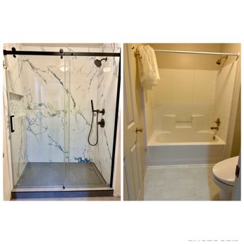 Mr Tile Renovations - Converting tub to tiled standing shower (before on right, after on left) - Tiling Near Me - Bothell, Washington