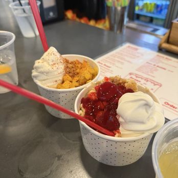 SugarBird - Mango Toasted Coconut (Left) & Strawberry Cheesecake (Right) - Vanilla soft serve, strawberries, cheesecake bites - Chicken Shop Near Me - Pittsburgh, Pennsylvania