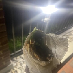 Falafel Rollup - A person holds a falafel wrap wrapped in paper, with a bright outdoor light behind them at night, near a brick wall and rocks.