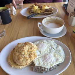 Pork & Bison Sage Gravy, seasonal eggs Benedict, seasonal latte