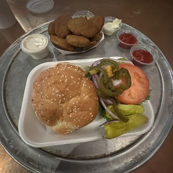 Original Hamburger Works - Big one burger, fried zucchini and the toppers (I selected from their condiment wagon) - Burgers Near Me - Phoenix, Arizona