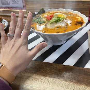 Lucky Cat Ramen - Tonkatsu Ramen, level 3.5/5 spicy (hand for reference on size!) - Ramen Near Me - Portland, Oregon Lucky Cat Ramen - Tonkatsu Ramen, level 3.5/5 spicy (hand for reference on size!) - Ramen Near Me - Portland, Oregon